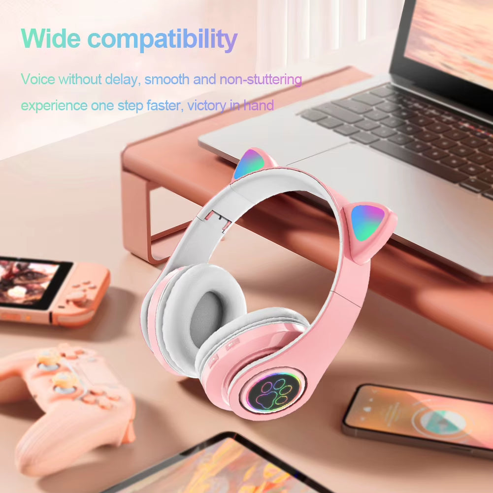 Flash Light Cute Cat Ears Wireless Headphone with Mic Control LED Kid Girl Stereo Music Helmet Phone Bluetooth Headset Gift